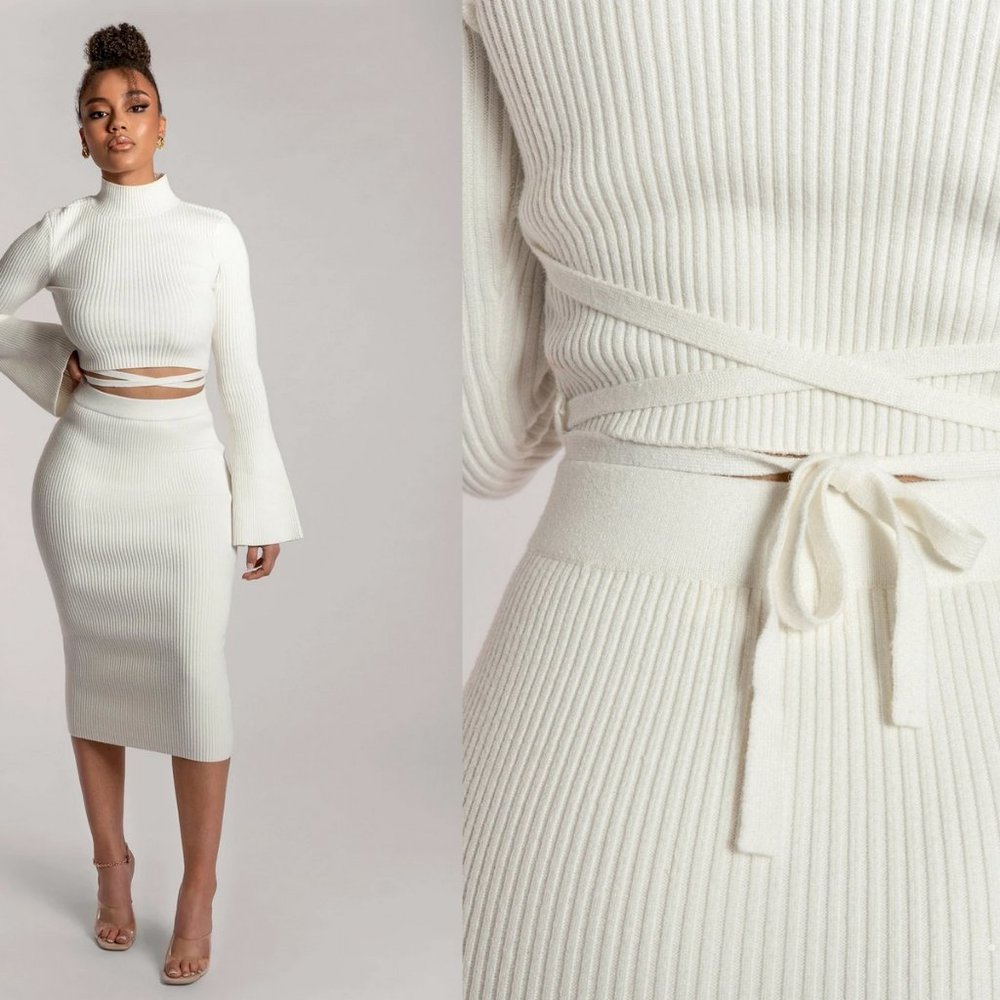 2 Piece Juliana Cross Detail Balloon Sleeve Knitted Jumper & Skirt